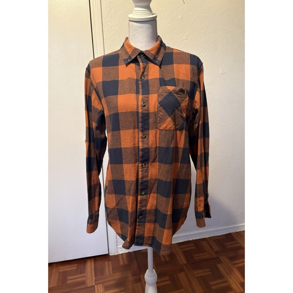 Magellan Outdoors Classic Fit Navy And Orange Checkered Long Sleeve Shirt Size S